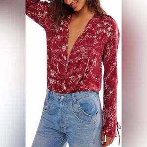 Free People Everything’s Rosy Bodysuit Western Toile Print Blouse NWT